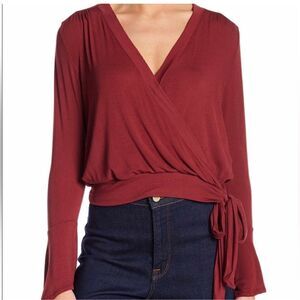 Nordstrom LUSH Ballet Tie Front Bell Sleeve Surplice Blouse Ruby Wine Women